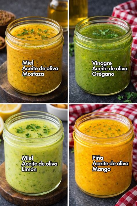 Esquema de los ingredientes básicos para una vinagreta: aceite de oliva, mostaza de Dijon, miel y un toque de vinagre.