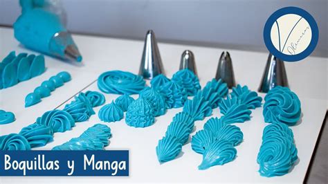muestrario de diferentes boquillas de manga pastelera y los diseños que crean con buttercream