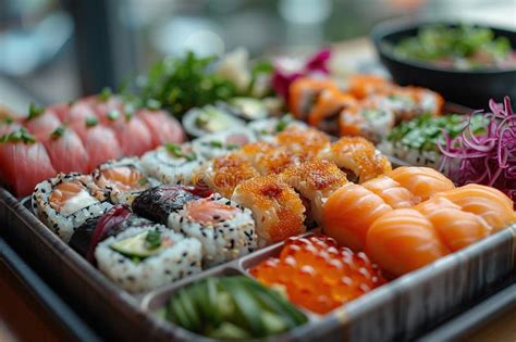 Fotografía profesional de una bandeja variada de sushi que incluye piezas de California rolls, hosomakis y rolls envueltos en salmón y palta.