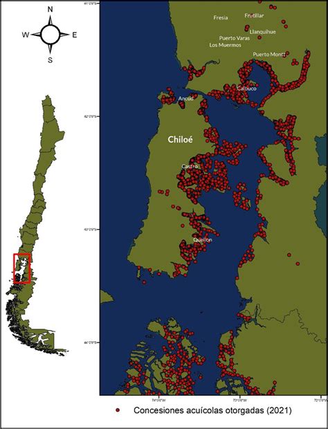 Mapa de barrios acuícolas de Chile con indicación de monitoreo POAS