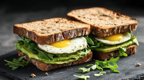 Detalle de un sándwich de huevo y tocino con aguacate y rúcula