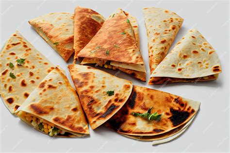 Fotografía profesional de quesadillas doradas cortadas en triángulos, con queso fundido, espinacas y champiñones visibles en el interior