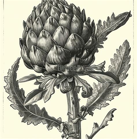 Ilustración de una alcachofa con sus hojas y flores abiertas