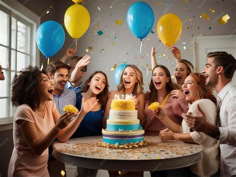 Foto de grupo celebrando un cumpleaños con sombreros festivos