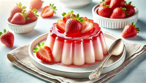Diferentes presentaciones de gelatina: polvo, hojas y postre preparado