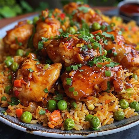 Fotografía de un plato de pollo agridulce servido con arroz blanco y verduras salteadas.