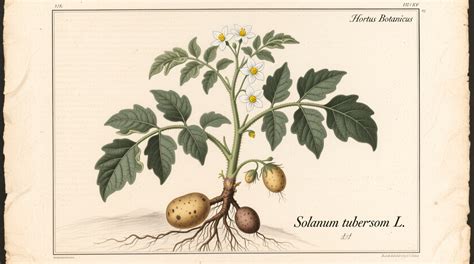 Solanum tuberosum, aspecto de la parte basal de la planta, mostrando tallos, rizomas, tubérculos y raíces.