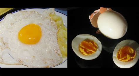 Infografía comparativa de calorías: huevo frito tradicional vs. huevo frito con agua vs. huevo cocido.