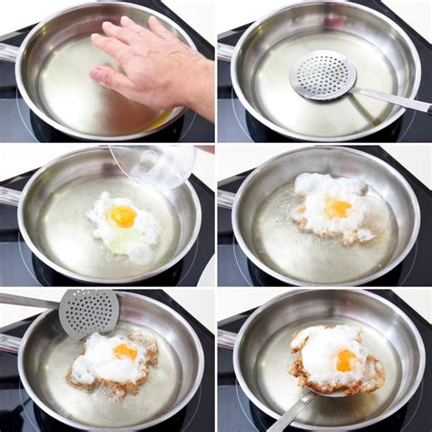 Diagrama paso a paso de cómo hacer huevos fritos en agua, mostrando la sartén tapada y el huevo cocinándose.