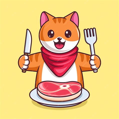 ilustración de un gato comiendo un trozo de carne magra y verduras