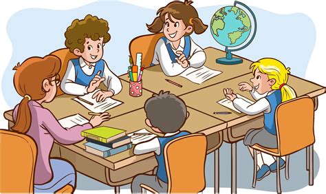 Ilustración de aulas escolares con estudiantes y asistentes educativos
