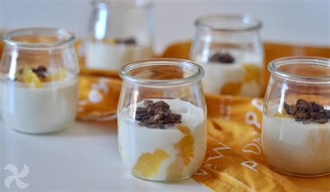 Imagen de un postre de yogur y durazno servido elegantemente, decorado con trozos de fruta fresca.