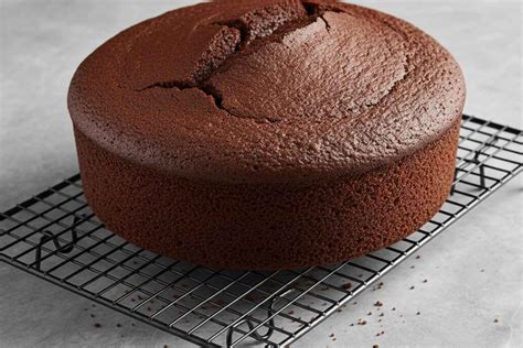 Esponjoso bizcocho de chocolate recién horneado sobre una rejilla de enfriamiento.
