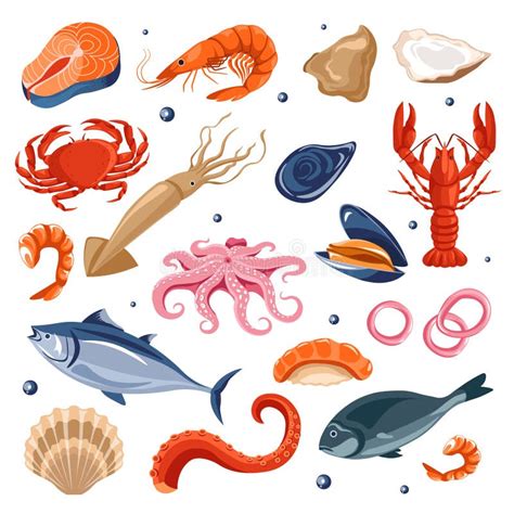 Ilustración de mariscos frescos variados (camarones, calamares, pulpo, conchas)