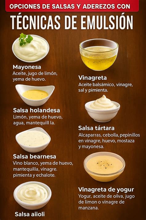 Infografía explicando el concepto de emulsión en salsas y aderezos.