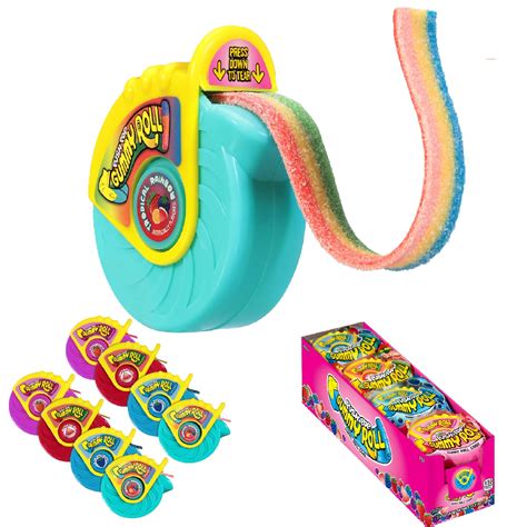 Imagen del Push Pop Gummy Roll mostrando el dispensador y los diferentes sabores