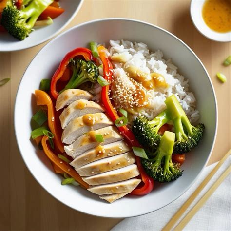 Fotografía gastronómica de un plato combinado con pollo, arroz y vegetales frescos