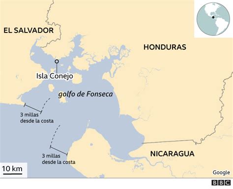 Imagen satelital del Golfo de Fonseca destacando la Isla Conejo y su cercanía a la costa hondureña
