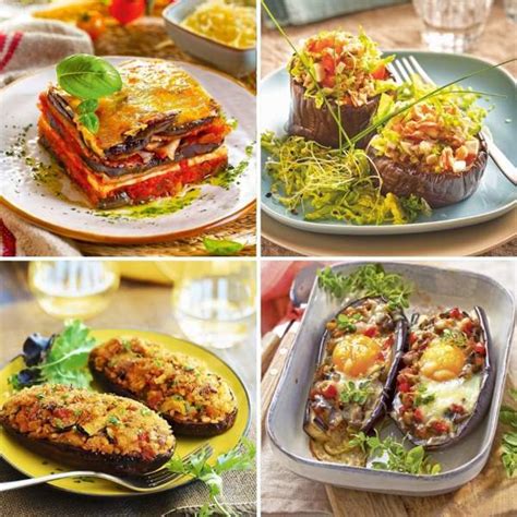 Fotografía gastronómica de una mesa con diversas recetas de berenjenas, incluyendo cremas para untar y verduras asadas.
