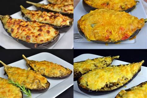Esquema de preparación de berenjenas rellenas al horno con diferentes opciones de ingredientes.