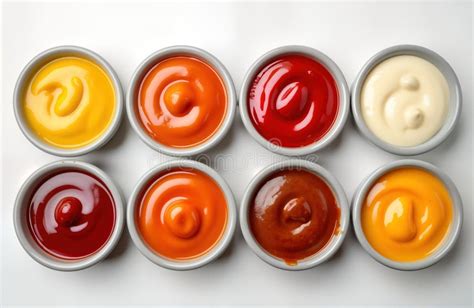 Variedad de salsas asiáticas en recipientes pequeños, mostrando diferentes colores y texturas.