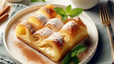 Ilustración de una bougatsa servida en un plato, mostrando las capas doradas de masa filo y su textura cremosa.