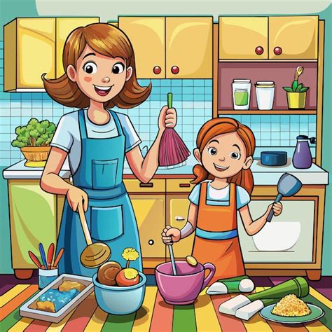 Ilustración de una escena cotidiana en una cocina tradicional con elementos de la cultura popular chilena.