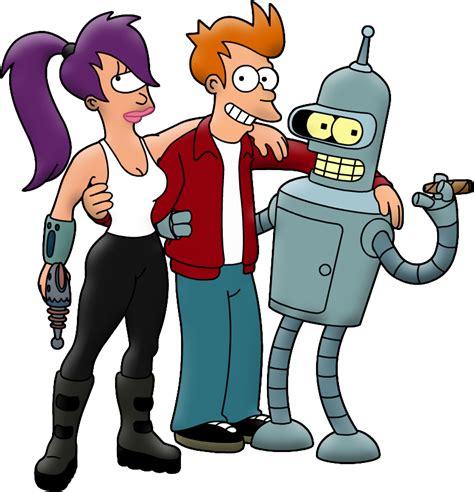 Ilustración de los personajes principales de Futurama: Fry, Leela y Bender trabajando en Planet Express.