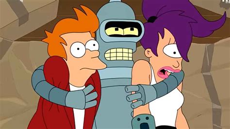 Captura de pantalla del videojuego Futurama mostrando una escena de acción con Fry, Leela y Bender.