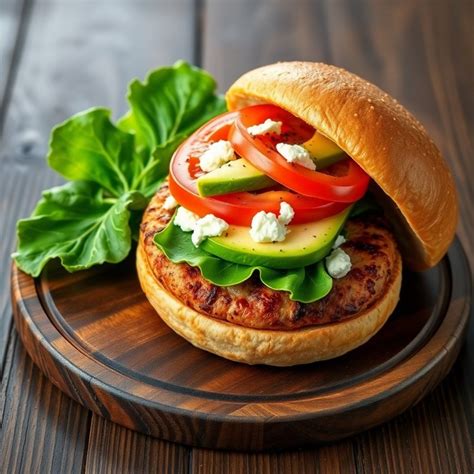 Fotografía profesional de una hamburguesa de pavo montada con aguacate, berros y pan tostado.