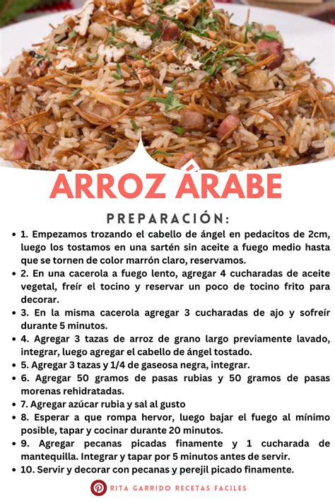 Infografía detallando los ingredientes principales del arroz árabe: arroz basmati, fideos, almendras, pasas, aceite de oliva, ajo.
