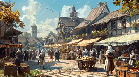 ilustración histórica de un mercado medieval con pan artesanal