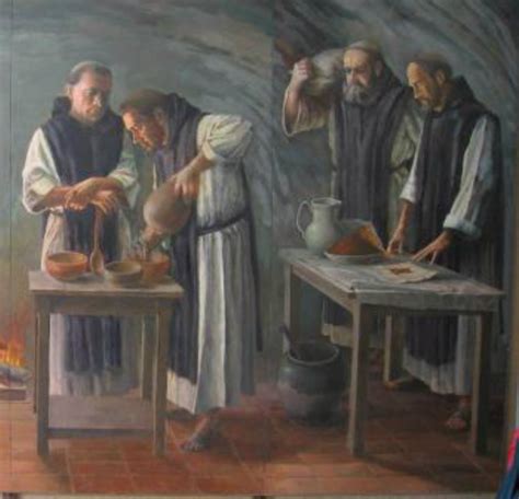 Ilustración histórica de monjes preparando hostias