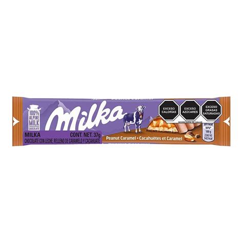 Fotografía del envoltorio del chocolate Milka con detalles del relleno de caramelo