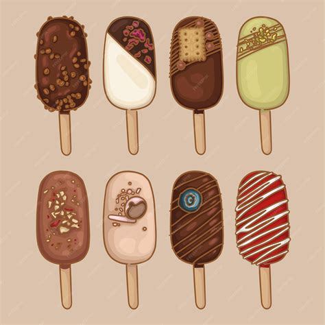 Ilustración detallada de diversos helados de palito con diferentes formas y colores, mostrando la variedad de frutas y texturas.