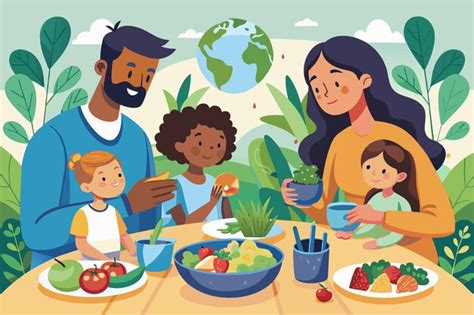 Ilustración de una familia disfrutando de snacks saludables como colación