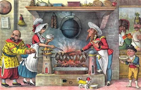 Ilustración histórica de un cocinero francés del siglo XVII en la cocina