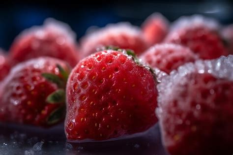 Primer plano de las fresas frescas y congeladas, destacando su color vibrante.