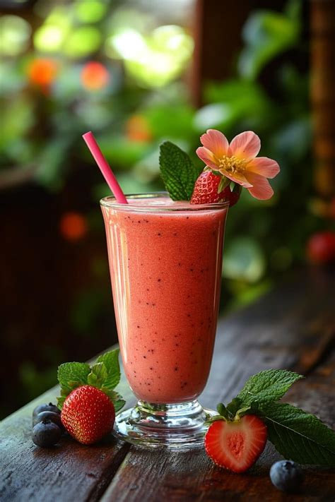Imagen de un smoothie de fresa y vainilla con hojas de menta para decorar