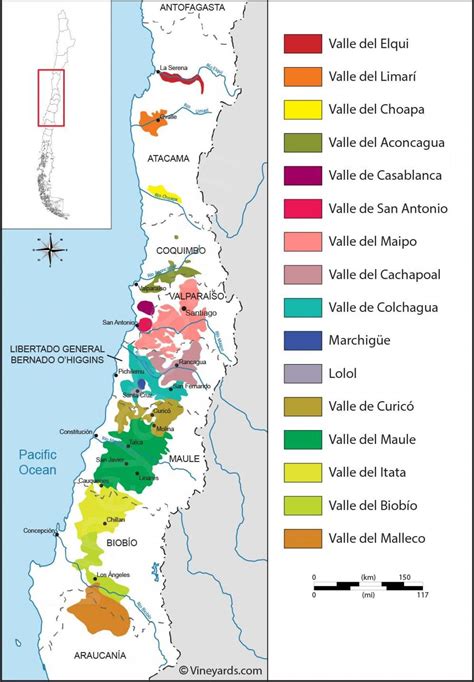 Mapa de las regiones vitivinícolas chilenas destacando el Valle de Cachapoal