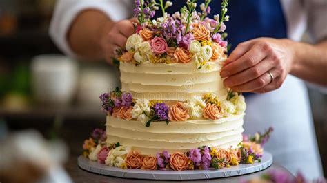 Corona de flores frescas en una torta, recién decorada