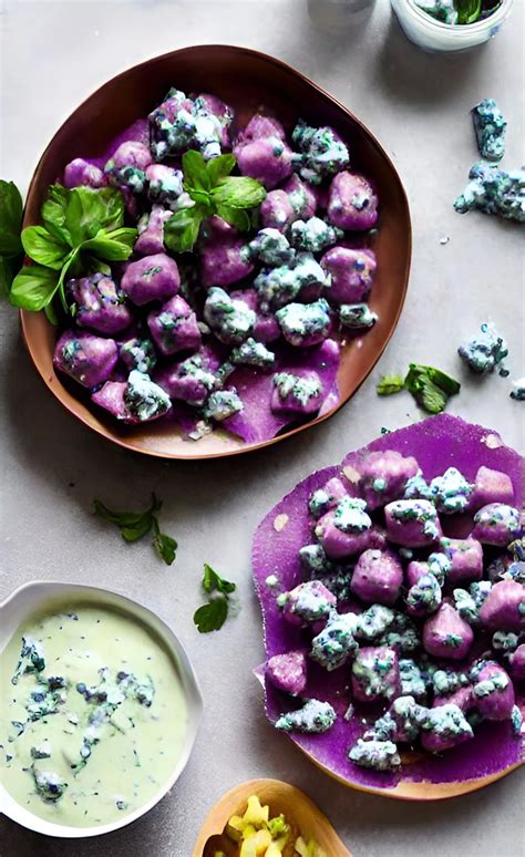 Foto cenital de un plato de ñoquis de papa morada con una salsa cremosa y decorado con hierbas frescas