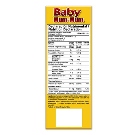Infografía detallando los ingredientes y beneficios de las galletas Baby Mum Mum para bebés.