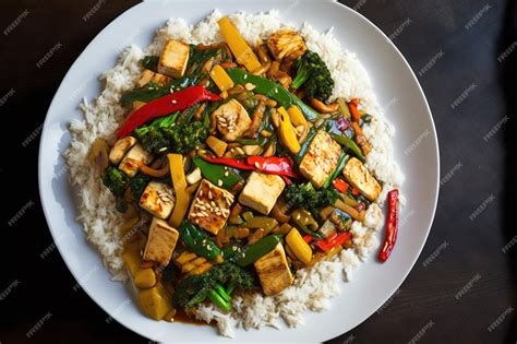 salteado de tofu con fideos de arroz y pimientos