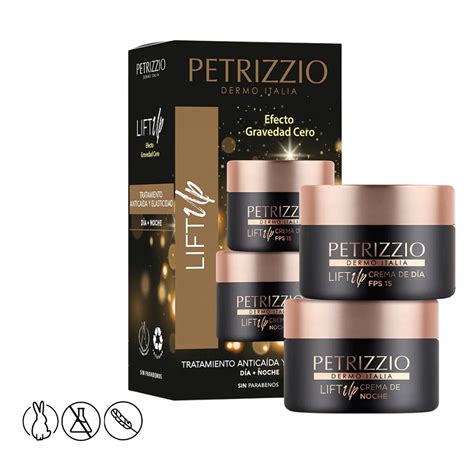 Envase de las cremas faciales Petrizzio, mostrando el pack y su precio.