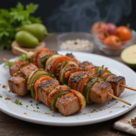 brochetas de cerdo con vegetales y frutas a la parrilla