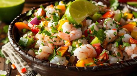 Ceviche de camarón fresco con cebolla morada, cilantro y aguacate