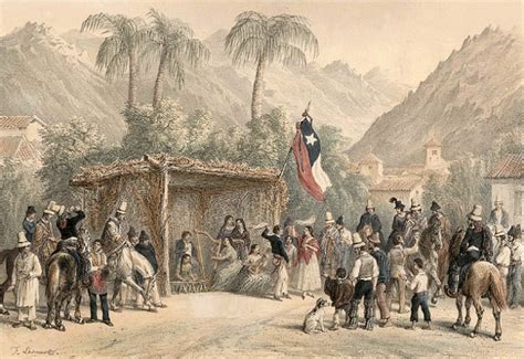 Ilustración de época: representación de una chingana tradicional chilena con músicos y bailarines.