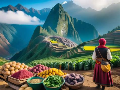 Ilustración que muestra la gran diversidad de cultivos andinos, incluyendo maíz, papas, quinua y otras plantas.