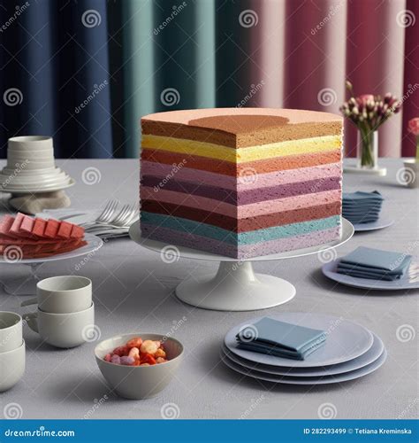 Capas de bizcocho de colores apiladas con crema intermedia